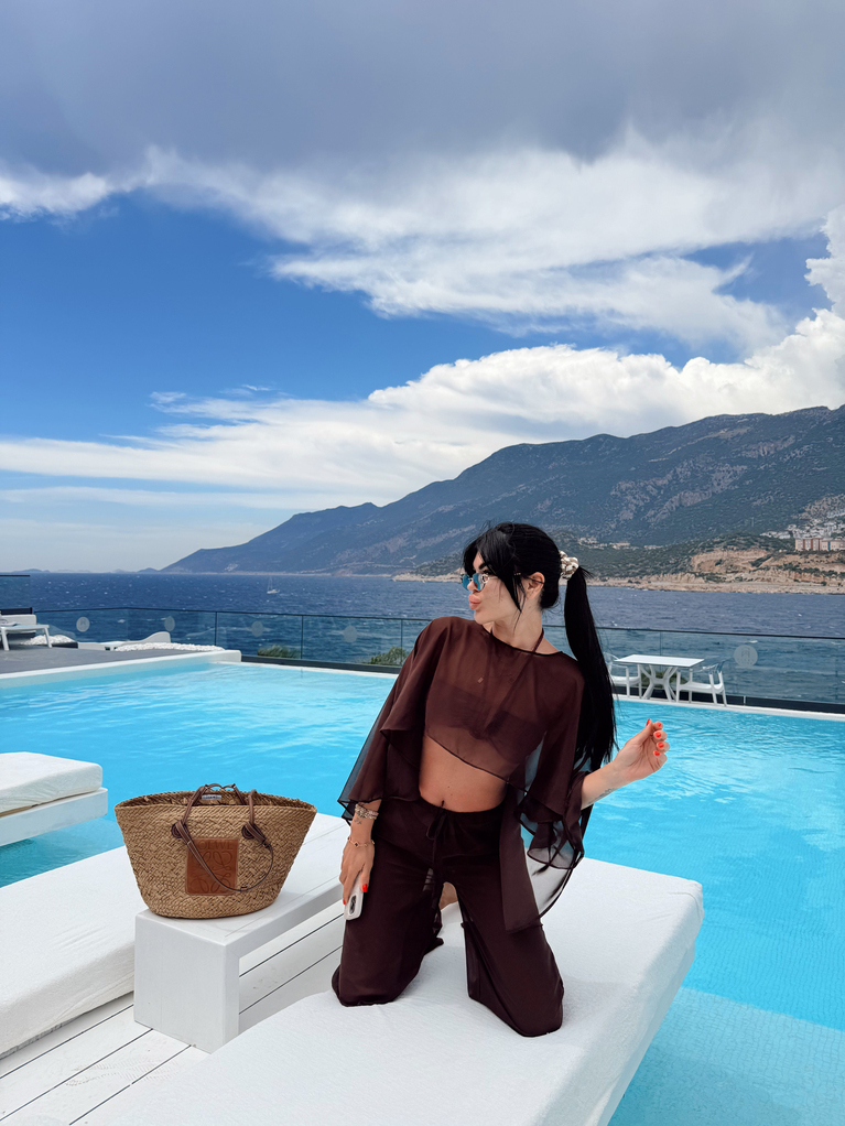 KAHVERENGİ ŞİFON BEACHWEAR PELERİN TAKIM 