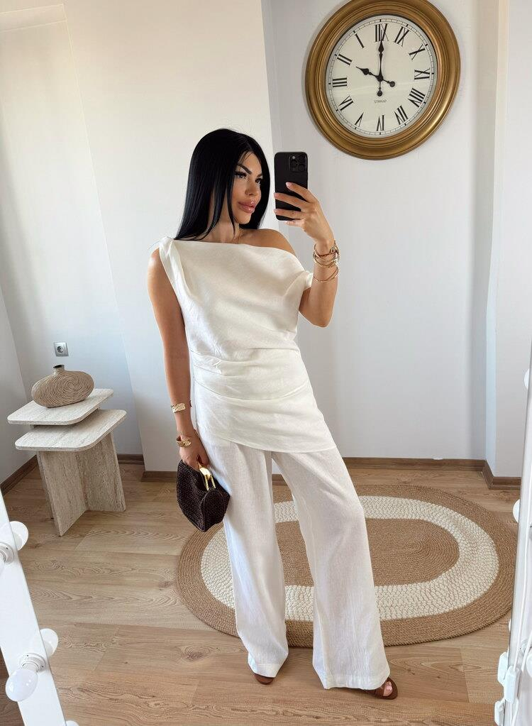 KETEN EKRU PANTOLON BLUZ TAKIM TASARIM