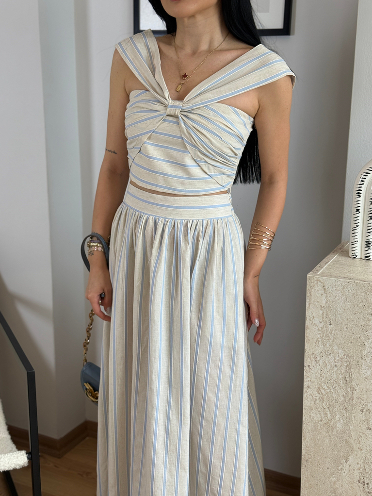 KETEN MAVİ ÇİZGİ ETEK CROP TAKIM