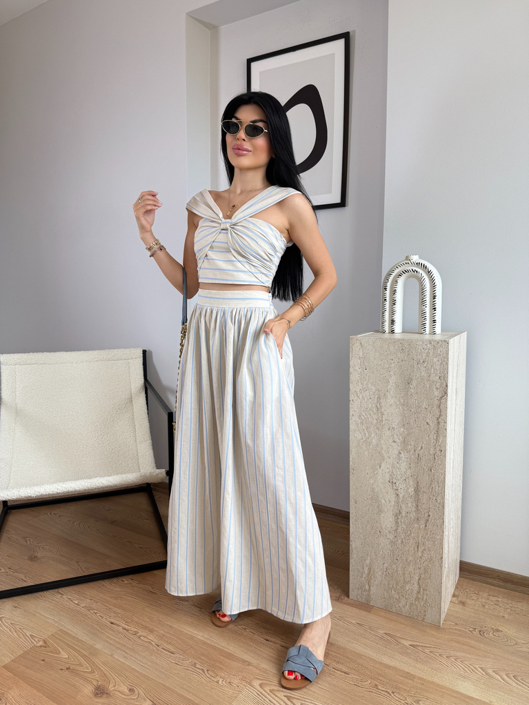 KETEN MAVİ ÇİZGİ ETEK CROP TAKIM