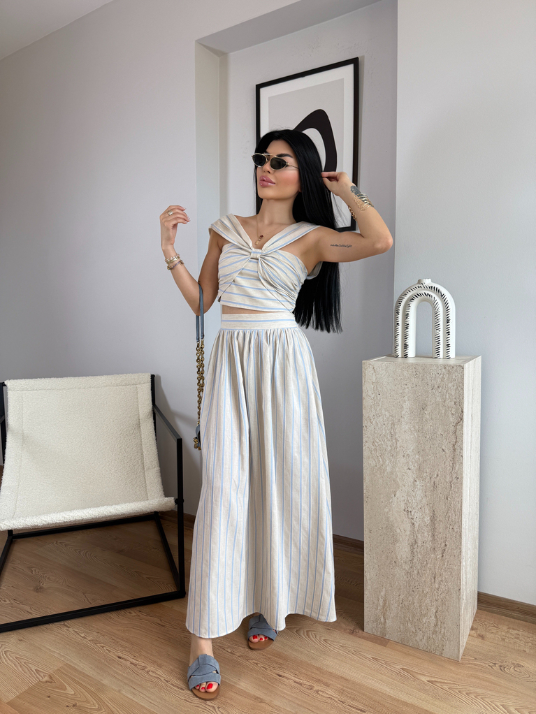 KETEN MAVİ ÇİZGİ ETEK CROP TAKIM