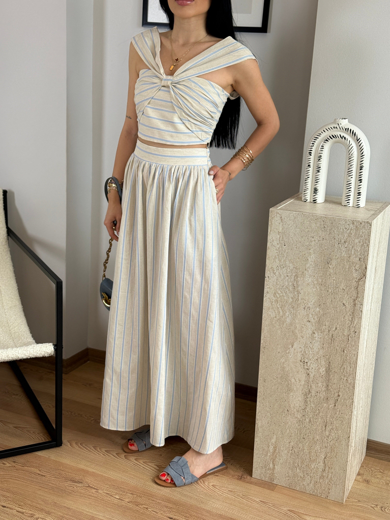 KETEN MAVİ ÇİZGİ ETEK CROP TAKIM