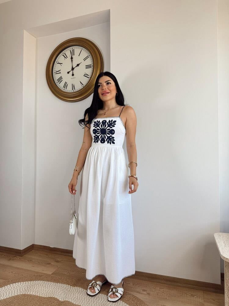 KETEN ÖNÜ NAKIŞLI ASTARLI ÇOBAN DİKİŞLİ BEYAZ ELBİSE