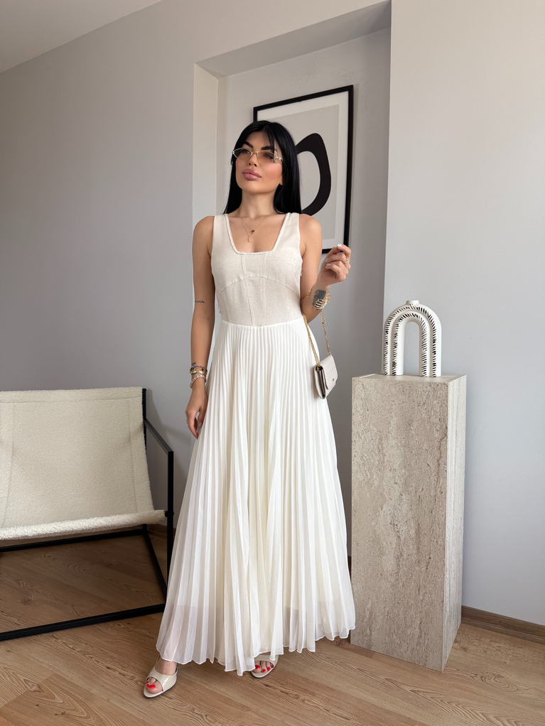 KETEN YAKA İŞLEME DETAYLI EKRU PİLİSELİ ELBİSE
