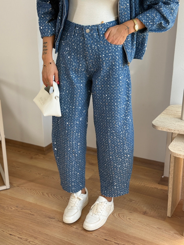 KOYU MAVİ PULLU KUMAŞ İÇİ ASTAR DETAYLI BALON PANTOLON (yüksek bel)