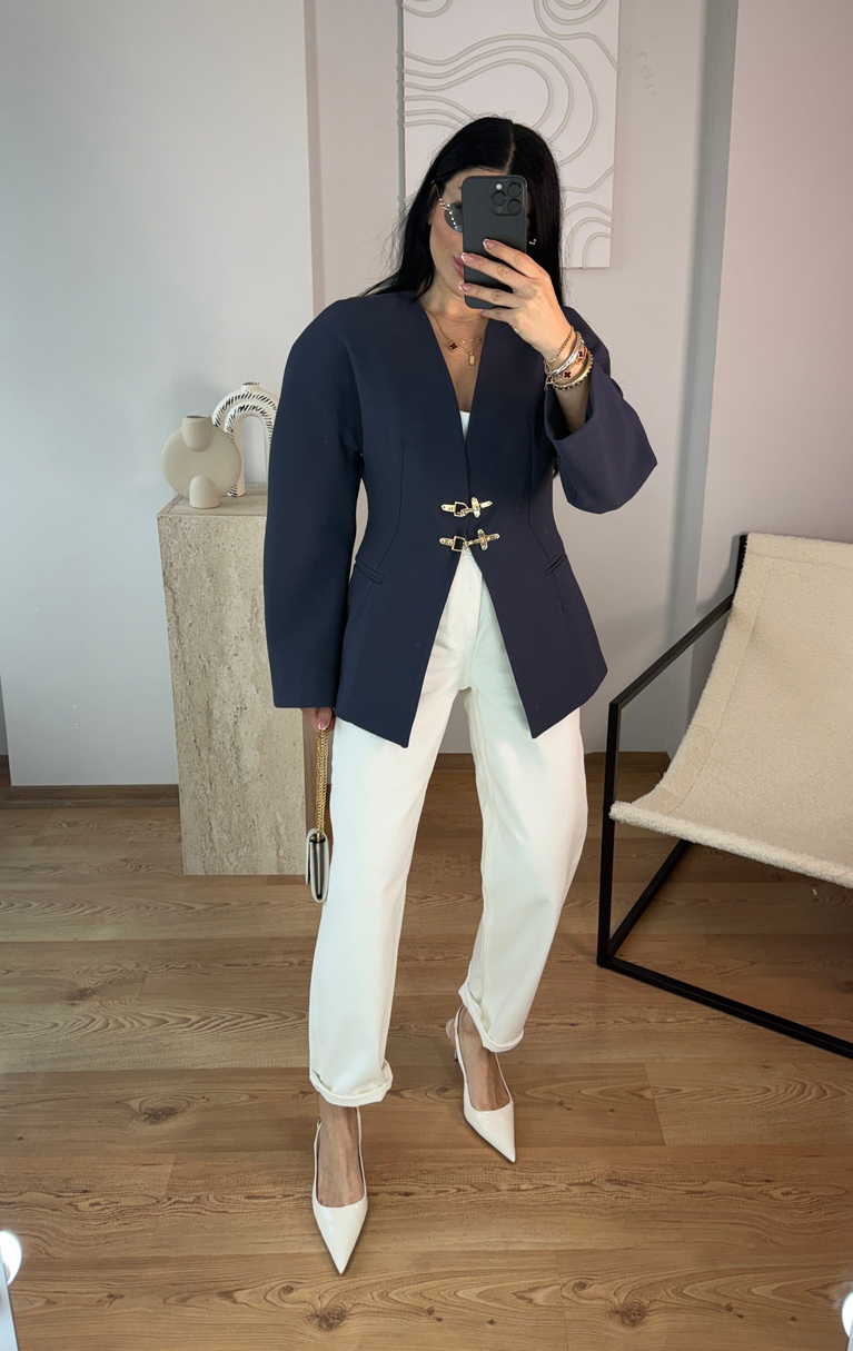 LACİVERT KANCA DETAYLI BLAZER CEKET