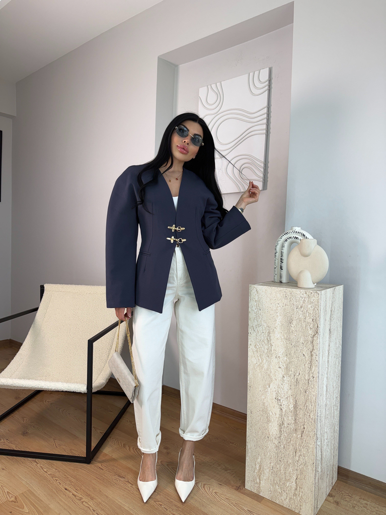 LACİVERT KANCA DETAYLI BLAZER CEKET