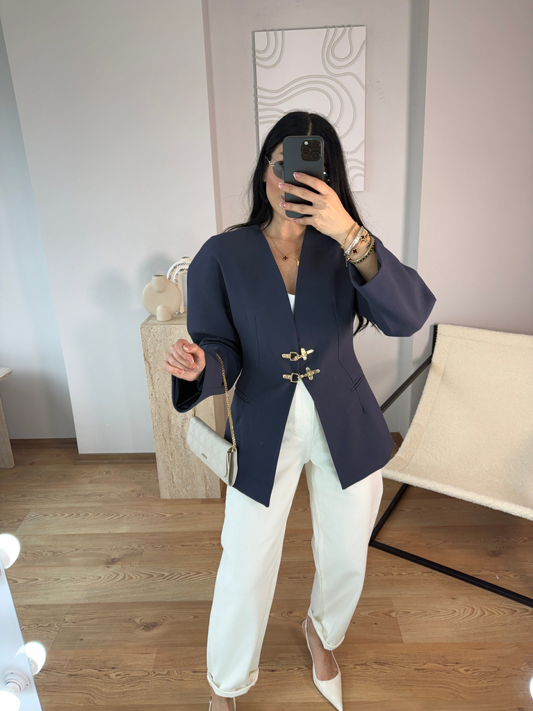 LACİVERT KANCA DETAYLI BLAZER CEKET