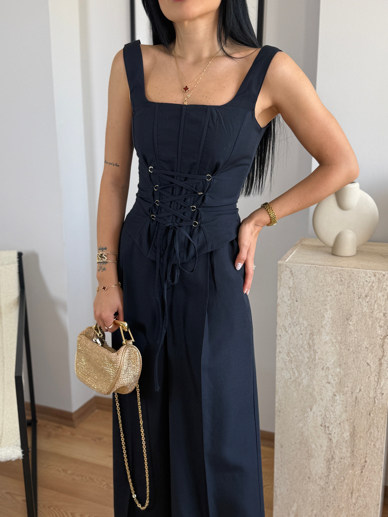 LACİVERT KETEN KORSE DETAYLI BLUZ PALAZZO TAKIM