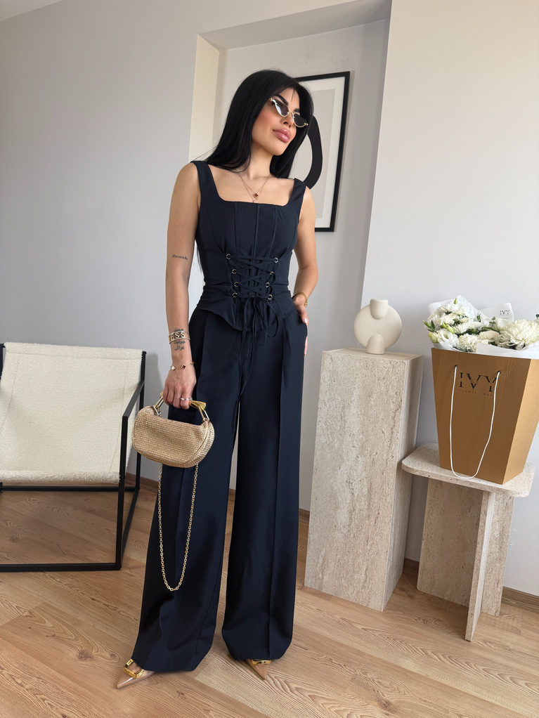 LACİVERT KETEN KORSE DETAYLI BLUZ PALAZZO TAKIM