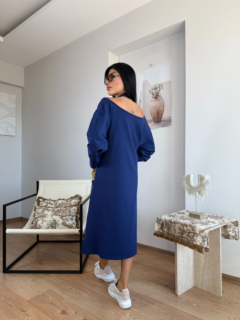 LACİVERT YAKA TASARIM DETAYLI MODAL BASİC ELBİSE 