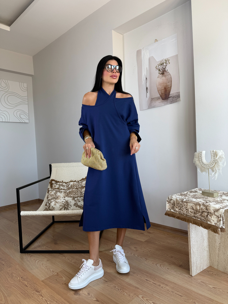 LACİVERT YAKA TASARIM DETAYLI MODAL BASİC ELBİSE 