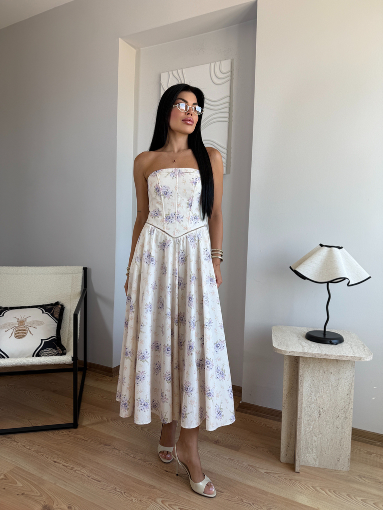 LERA TASARIM STRAPLEZ DESENLİ ELBİSE