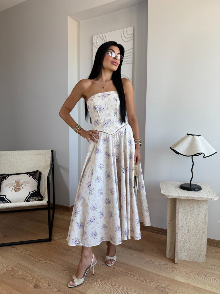 LERA TASARIM STRAPLEZ DESENLİ ELBİSE