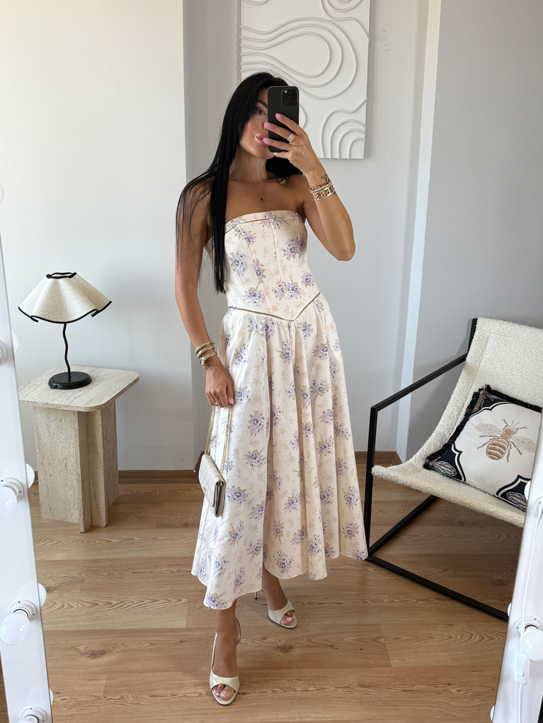 LERA TASARIM STRAPLEZ DESENLİ ELBİSE