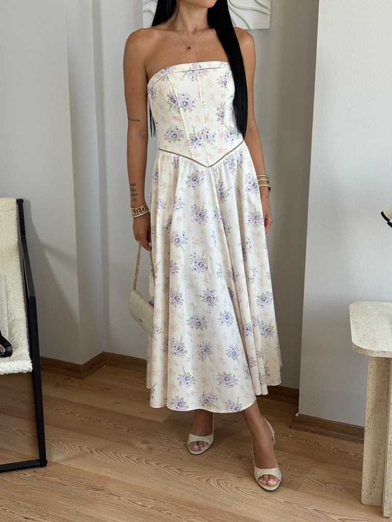 LERA TASARIM STRAPLEZ DESENLİ ELBİSE