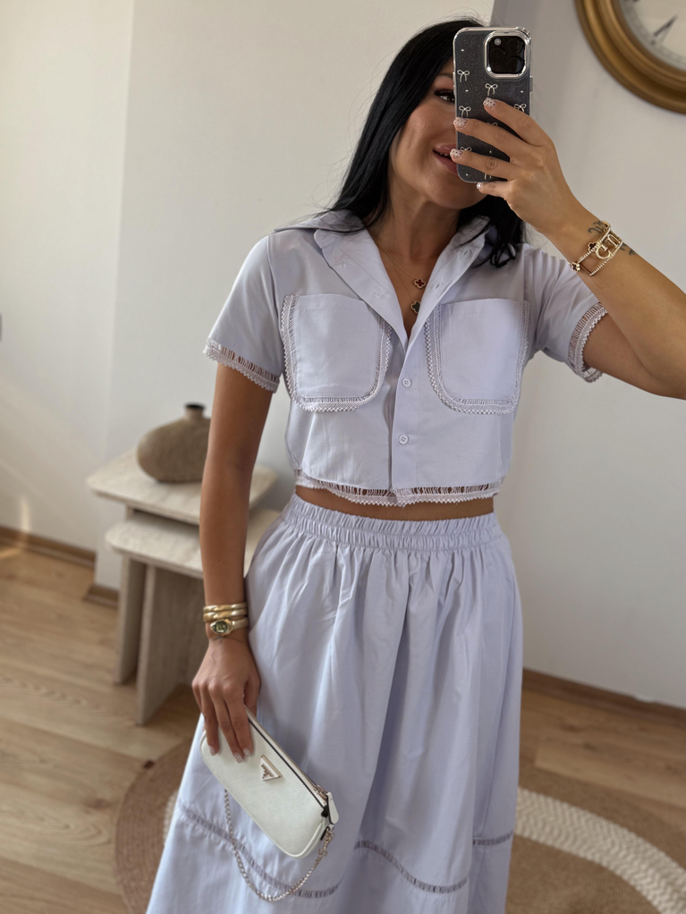 LİLA POPLİN NAKISLI ETEK CROP GÖMLEK TAKIM