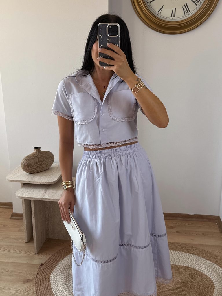 LİLA POPLİN NAKISLI ETEK CROP GÖMLEK TAKIM
