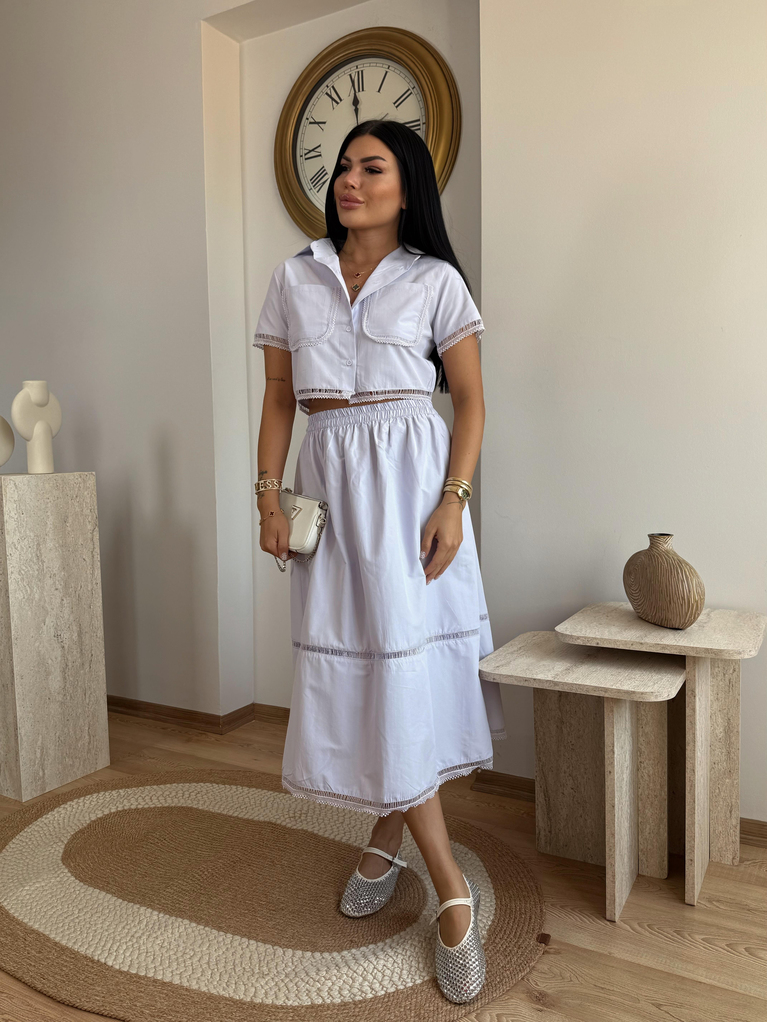 LİLA POPLİN NAKISLI ETEK CROP GÖMLEK TAKIM