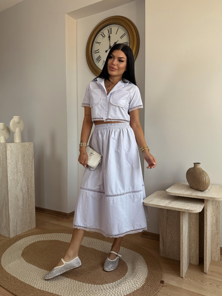 LİLA POPLİN NAKISLI ETEK CROP GÖMLEK TAKIM