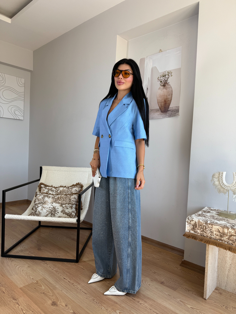 MAVİ ASTARLI KISA KOL BLAZER KETEN