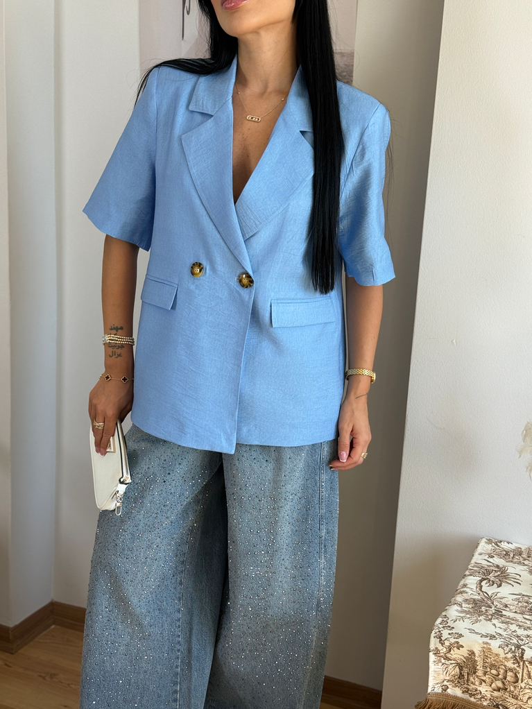 MAVİ ASTARLI KISA KOL BLAZER KETEN