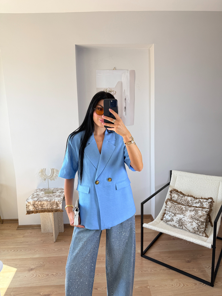 MAVİ ASTARLI KISA KOL BLAZER KETEN