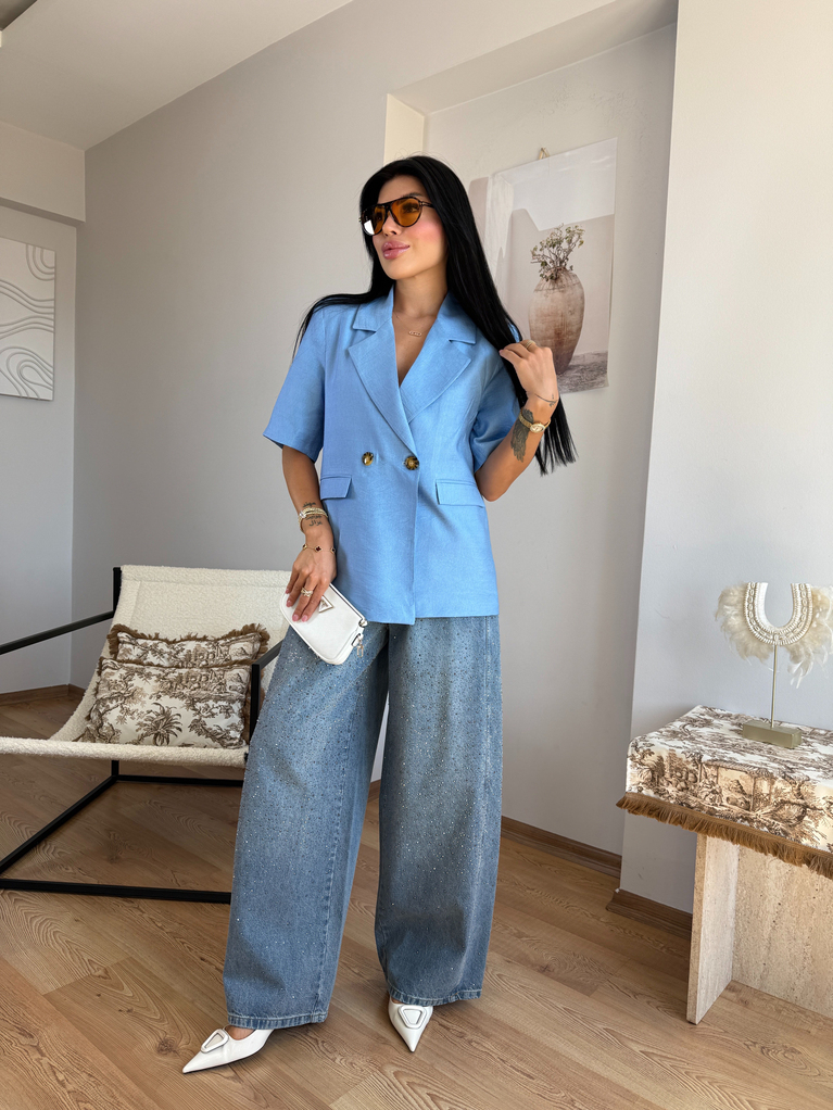 MAVİ ASTARLI KISA KOL BLAZER KETEN