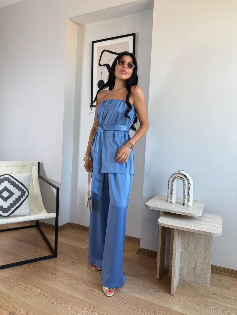MAVİ TOK SATEN STRAPLEZ BLUZ DÖKÜMLÜ PALAZZO TAKIM 