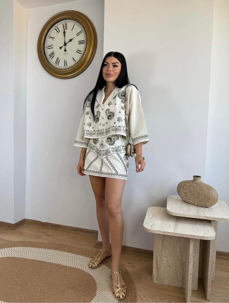 NAKIŞLI KETEN TASARIM MİNİ ETEK GÖMLEK TAKIM
