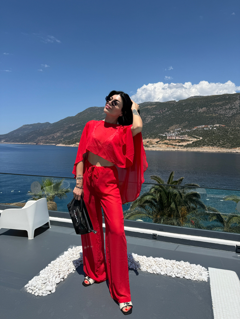 NAR ÇİÇEĞİ RENK ŞİFON BEACHWEAR PELERİN TAKIM 