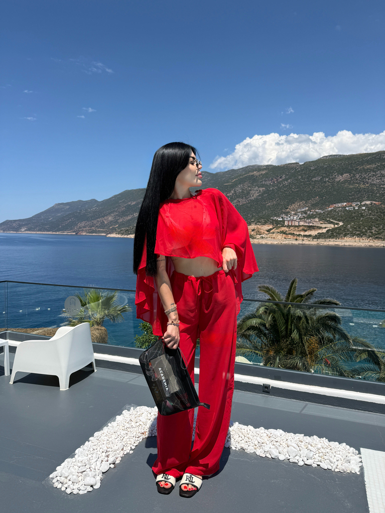 NAR ÇİÇEĞİ RENK ŞİFON BEACHWEAR PELERİN TAKIM 