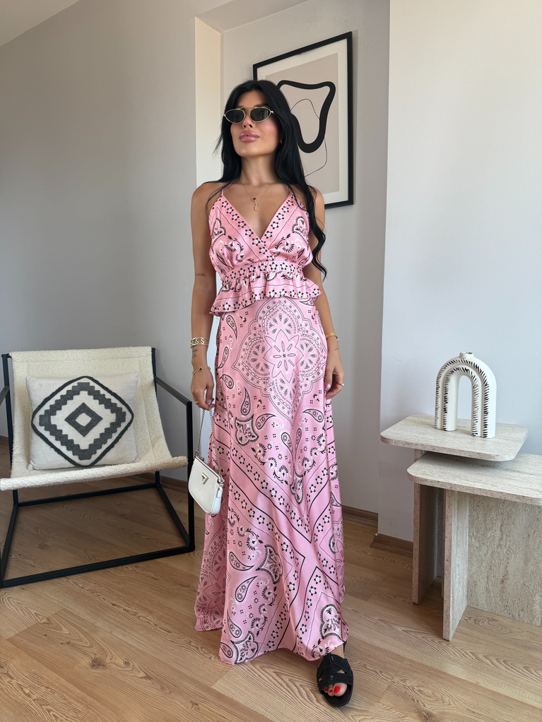 PEMBE DESENLİ SATEN DEKOLTELİ ELBİSE