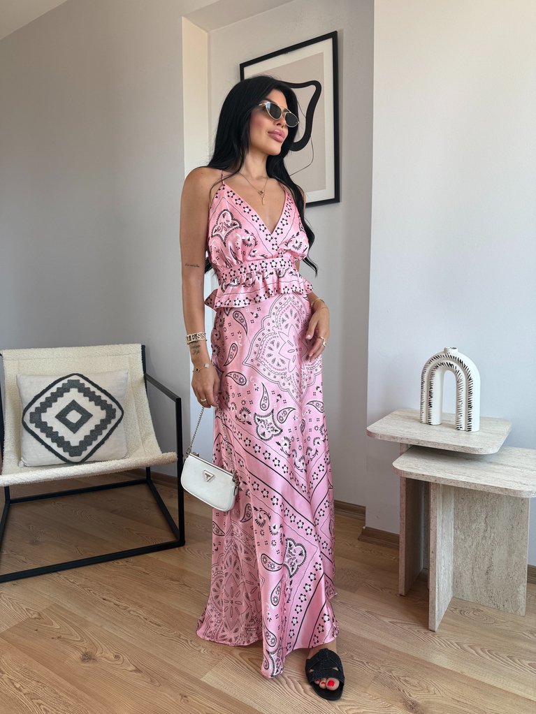 PEMBE DESENLİ SATEN DEKOLTELİ ELBİSE