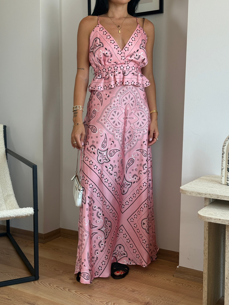 PEMBE DESENLİ SATEN DEKOLTELİ ELBİSE