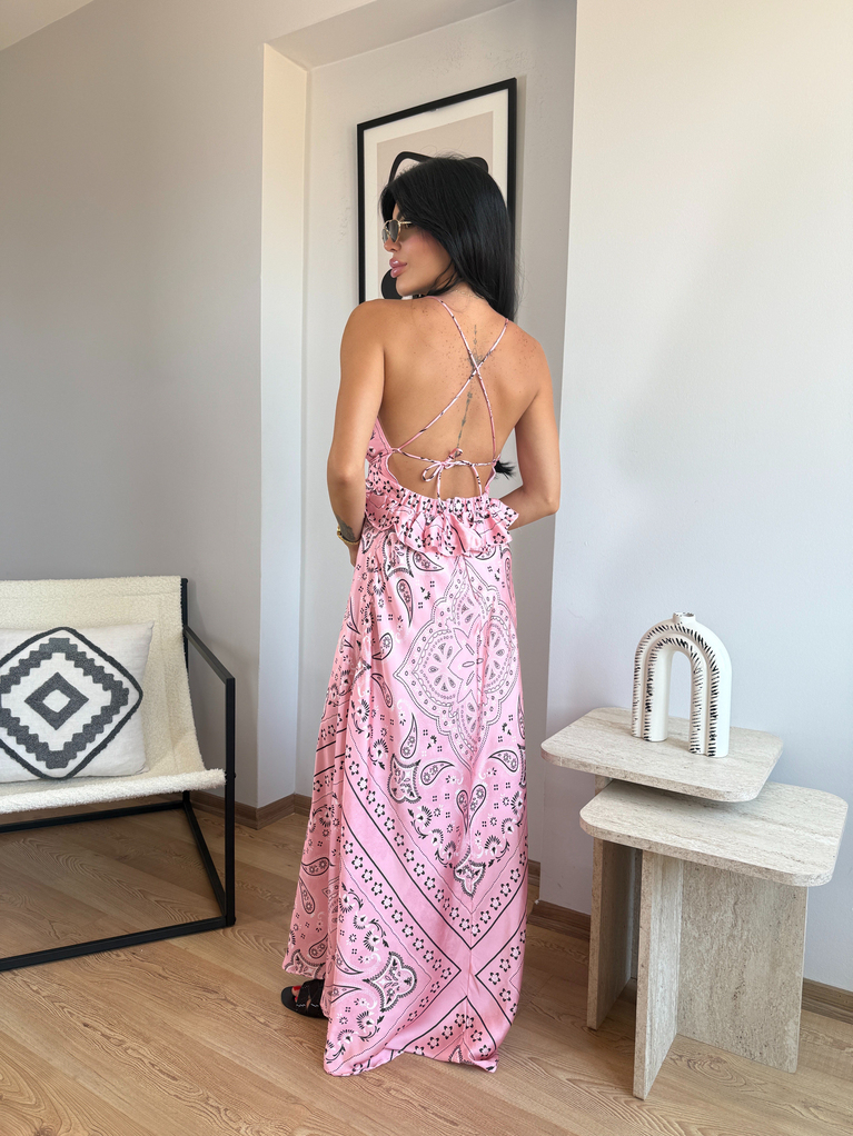 PEMBE DESENLİ SATEN DEKOLTELİ ELBİSE