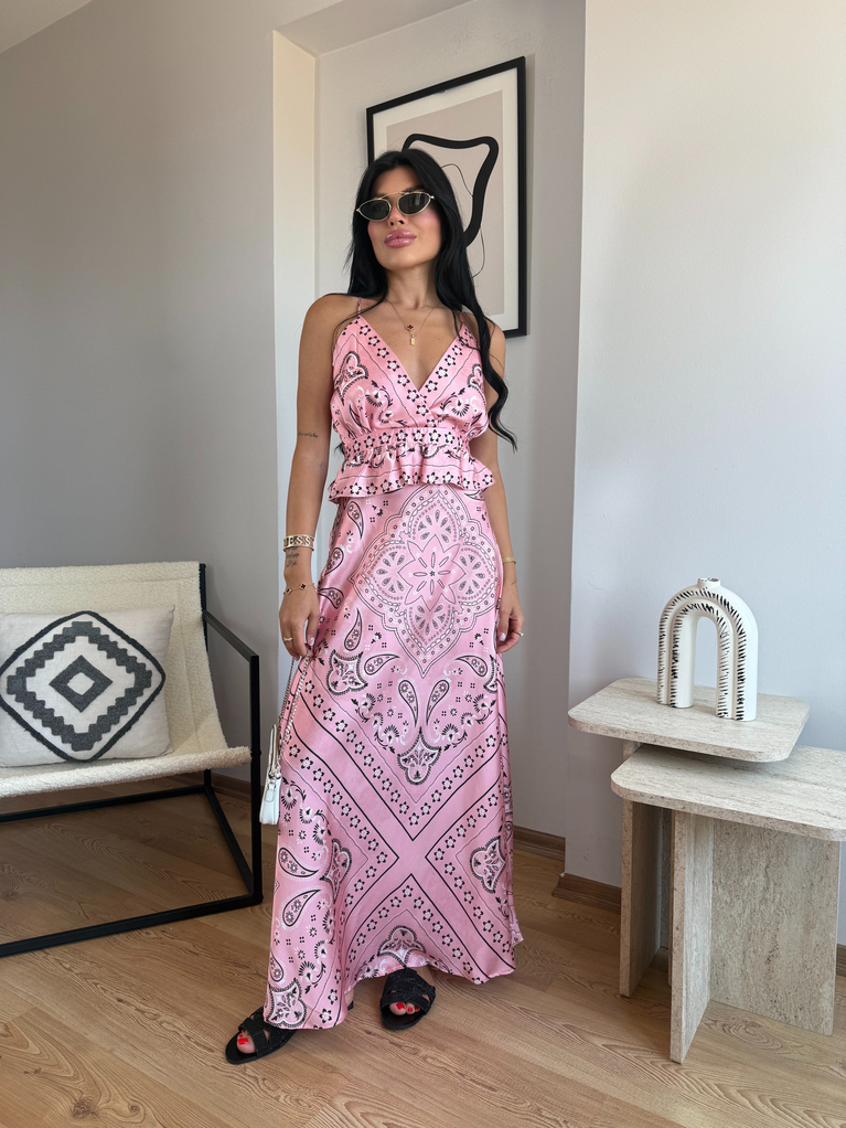 PEMBE DESENLİ SATEN DEKOLTELİ ELBİSE
