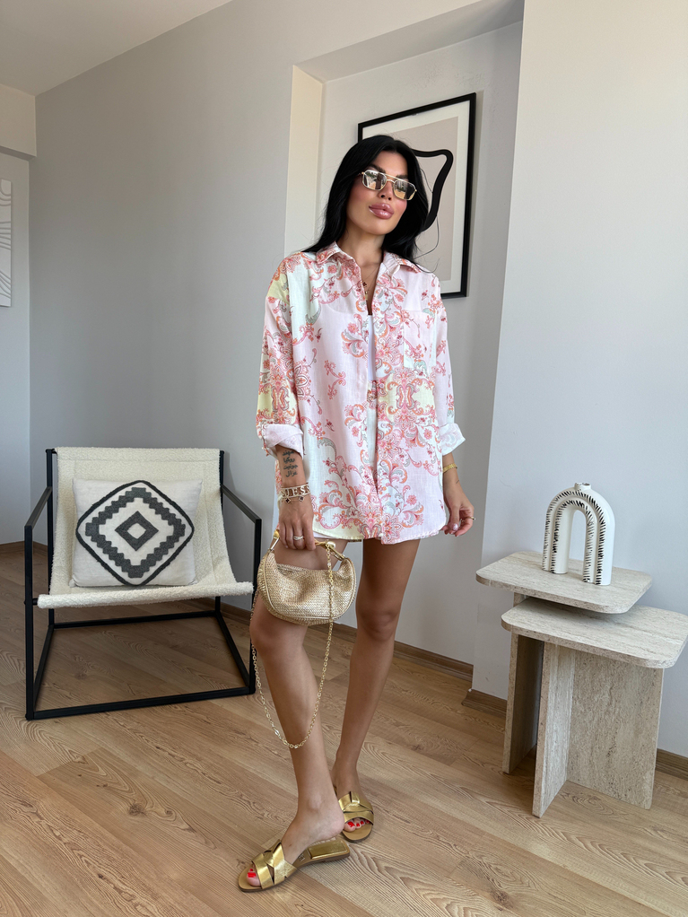 PEMBE  ETNİK DESEN GOLD KEMERLİ ŞORT GÖMLEK TAKIM (ŞORT BELİ DARDIR)