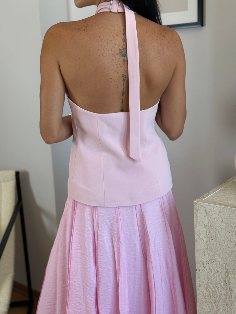 PEMBE HALTER YAKA DETAYLI SIRT DEKOLTELİ YELEK
