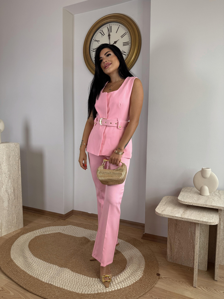 PEMBE KEMERLİ YELEK KUMAŞ PANTOLON TAKIM