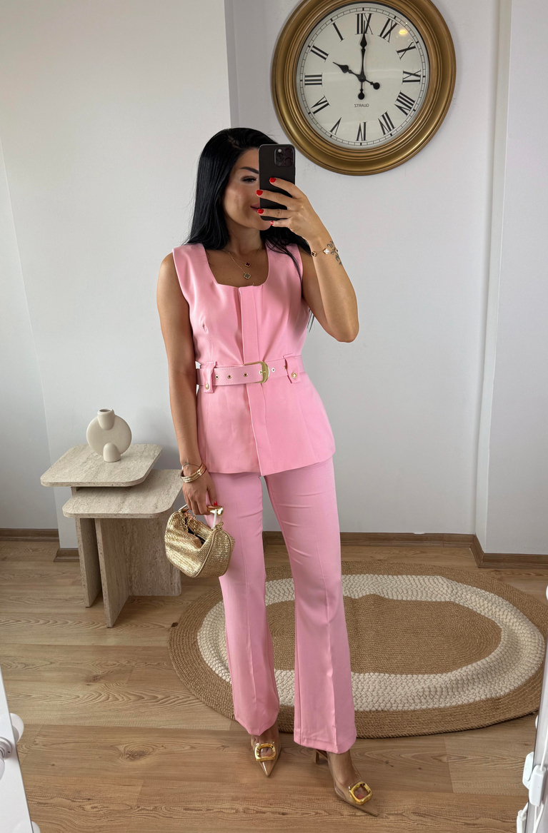PEMBE KEMERLİ YELEK KUMAŞ PANTOLON TAKIM