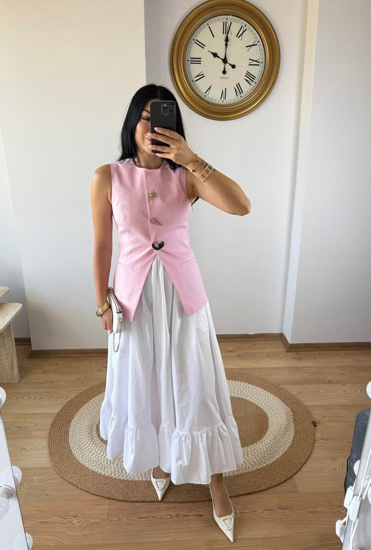 PEMBE KETEN BROŞ DETAYLI YELEK