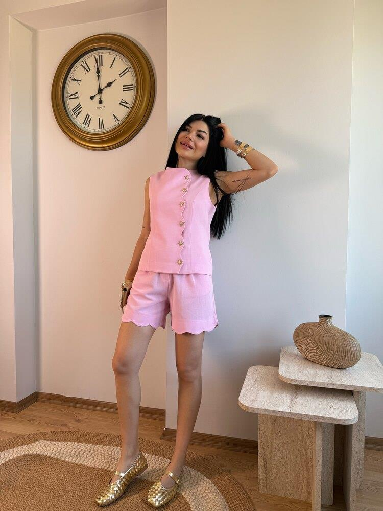 PEMBE KETEN DENİZ KABUĞU DÜĞME DETAYLI YELEK ŞORT TAKIM