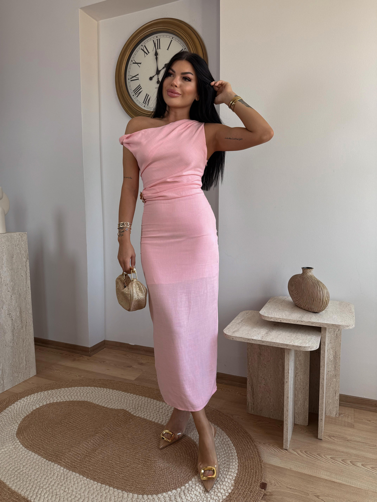 PEMBE KETEN DRAPE DETAYLI KALEM SLİM FİT ELBİSE
