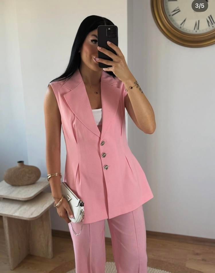 PEMBE KETEN PREMİUM YELEK PALAZZO TAKIM