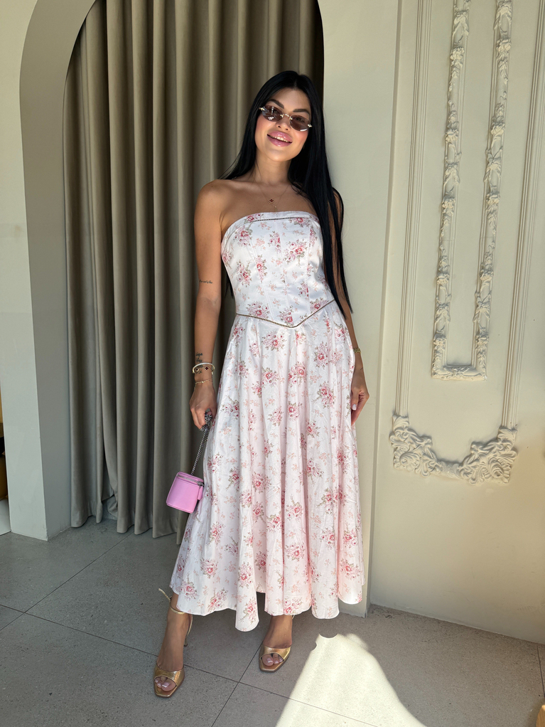 PEMBE LERA TASARIM STRAPLEZ DESENLİ ELBİSE