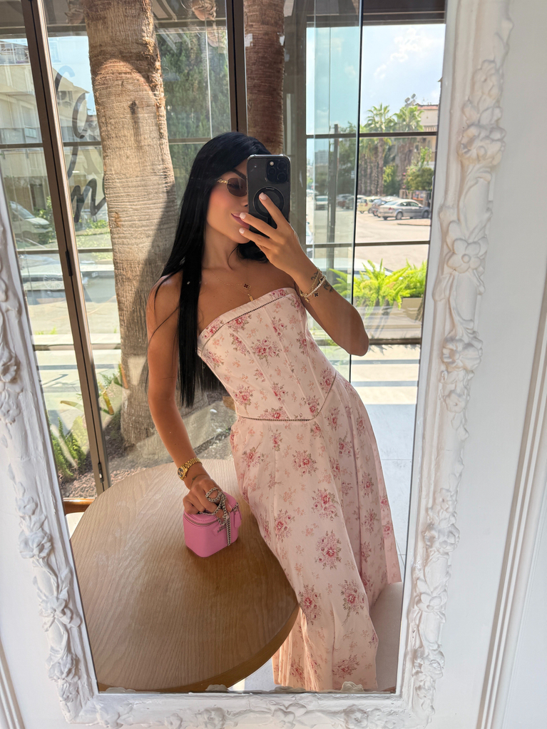 PEMBE LERA TASARIM STRAPLEZ DESENLİ ELBİSE