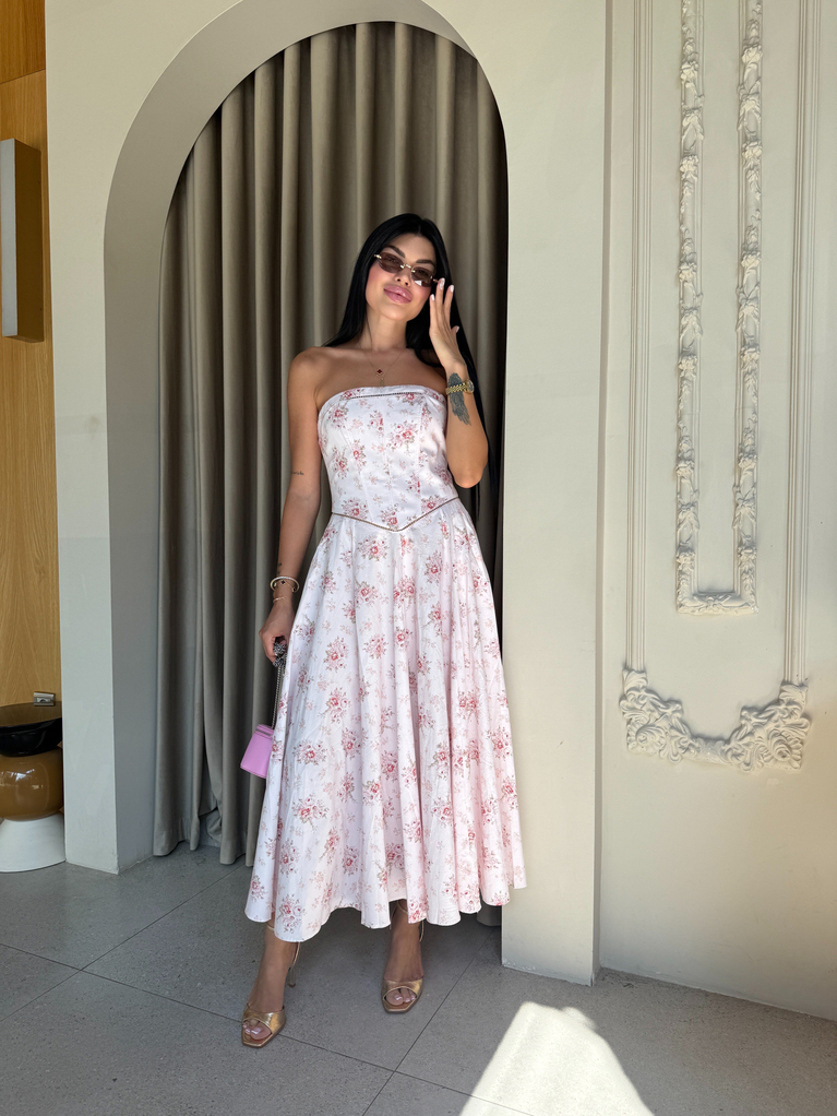 PEMBE LERA TASARIM STRAPLEZ DESENLİ ELBİSE