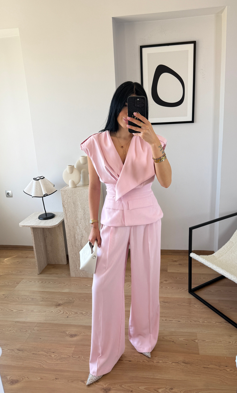 PEMBE TENSEL KRUVAZE YELEK PANTOLON TAKIM