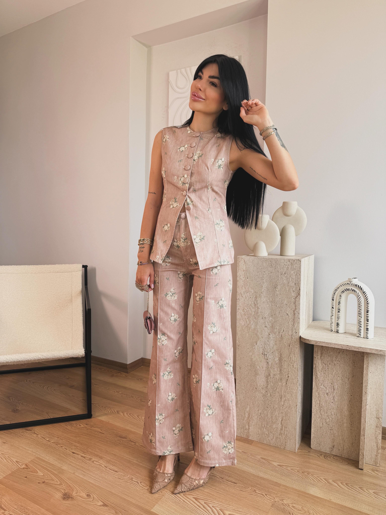 PUDRA SOFT ÇİÇEK DESENLİ YELEK TAKIM